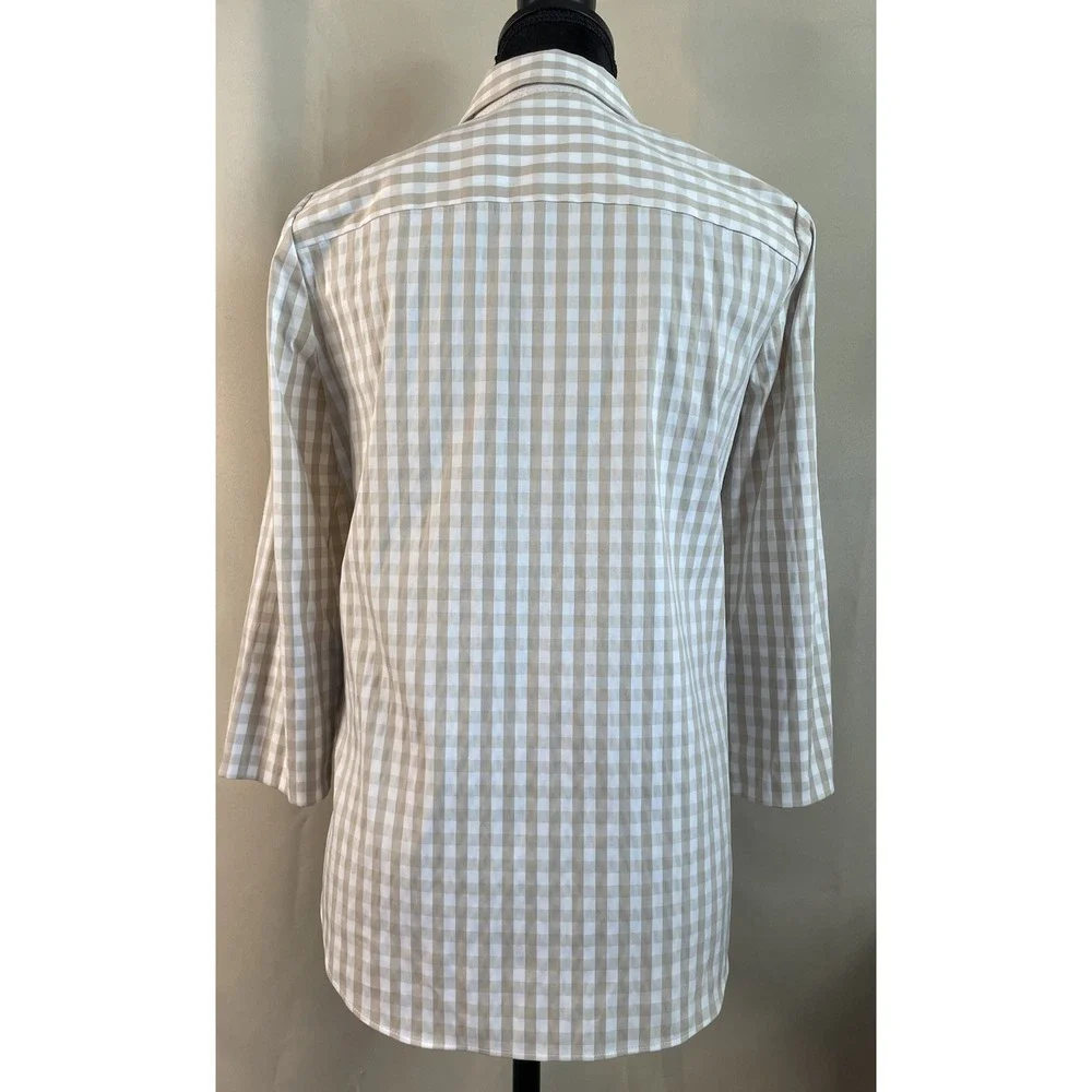 Lafayette 148 Small Button Down Shirt Blouse Tan Gingham Check 3/4 Sleeve Preppy - Picture 2 of 6